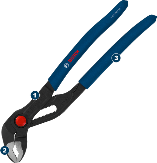Bosch water pump pliers with slip joint and ergonomic handles.