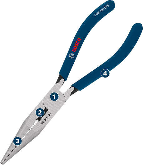 Bosch long-nose pliers 180 mm with non-slip handles.