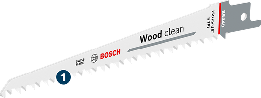 Bosch S644D Wood Clean reciprocating saw blade for fast wood cutting.