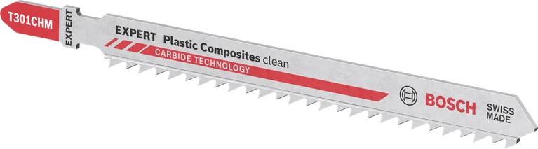 Bosch T301CHM jigsaw blade for clean plastic composites.