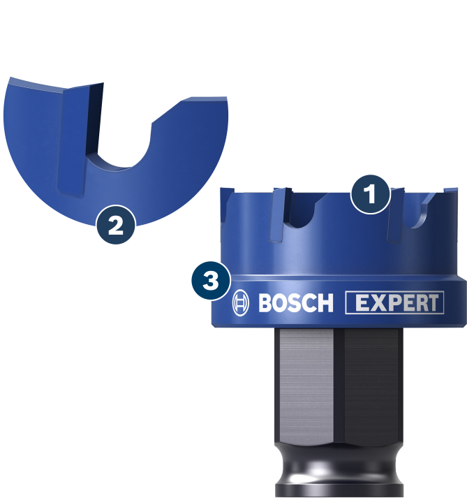 Bosch Expert hole saw with carbide teeth for tough materials.