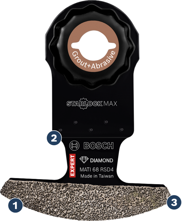 Long Life in grout and soft tile Bosch StarlockMax diamond grout and abrasive blade.