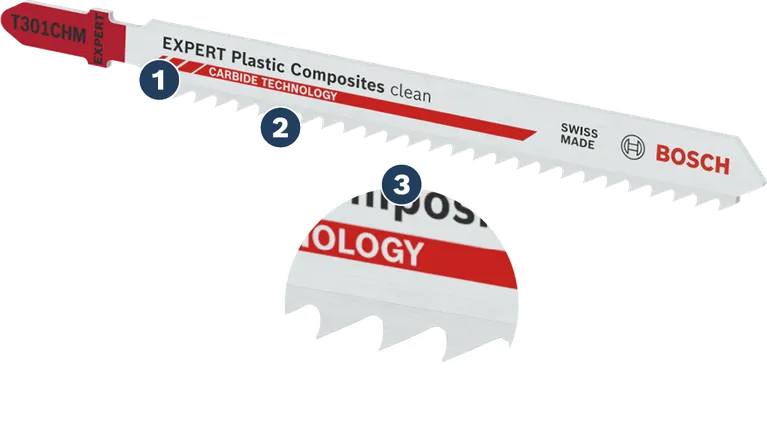 Bosch T301CHM jigsaw blade for plastic composites.