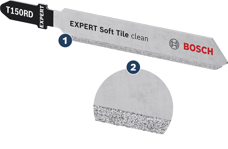 Bosch EXPERT Soft Tile Clean T150RD jigsaw blade with diamond grit edge.