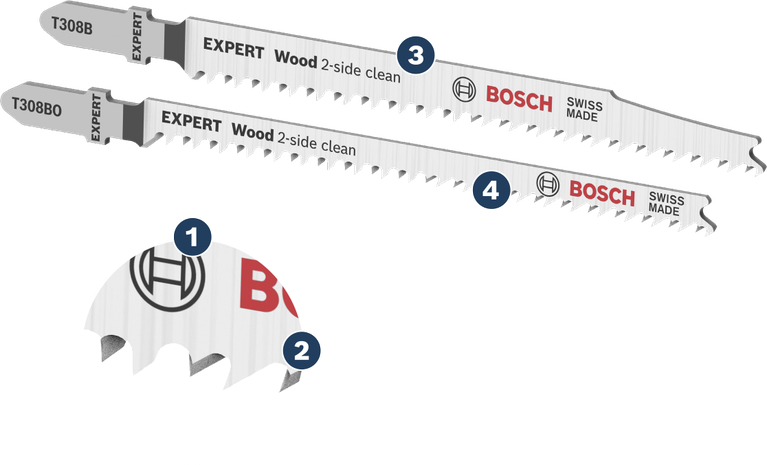 Bosch EXPERT Wood 2-side clean jigsaw blade set for precise wood cutting.