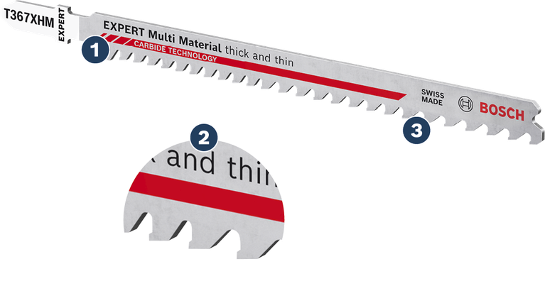 Bosch EXPERT Multi Material T367XHM jigsaw blade for thick and thin cutting.