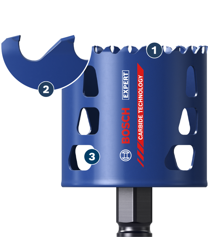 Bosch Expert carbide technology hole saw for tough materials.