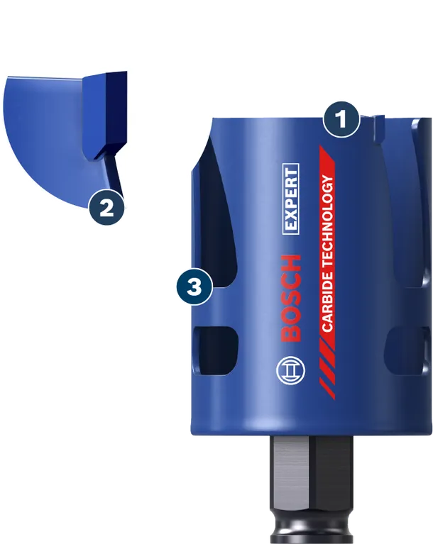 Bosch Expert carbide technology hole saw for tough materials.