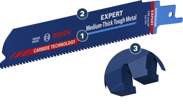 Bosch EXPERT Medium-Thick Tough Metal S 955 HHM saw blade with carbide teeth.