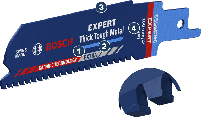 Bosch EXPERT Thick Tough Metal reciprocating saw blade with carbide teeth.
