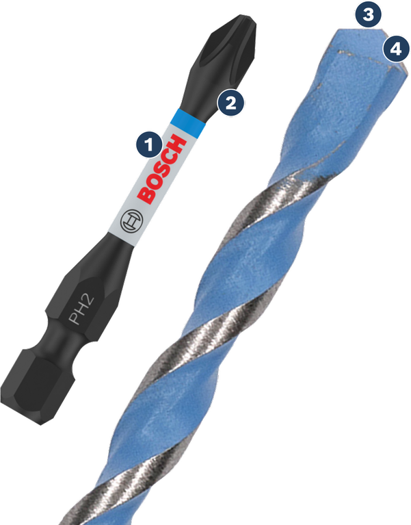 Bosch PH2 screwdriver bit and blue twist drill for wood.
