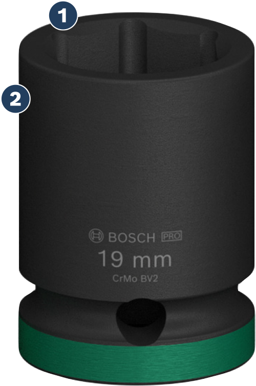 Bosch 19 mm impact socket with green marking.