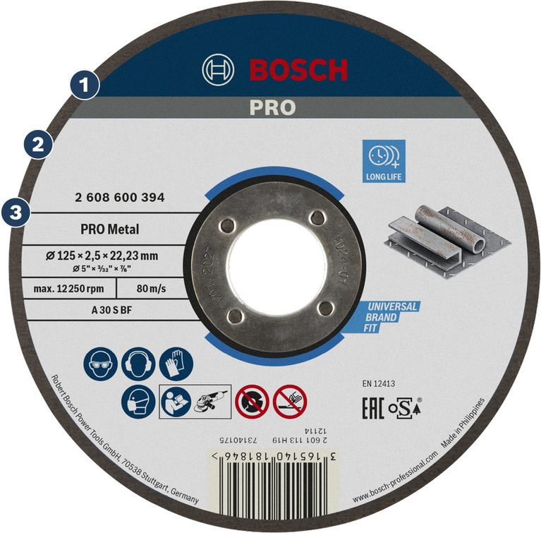 Long Life cutting metal Bosch PRO Metal cutting disc for long-lasting metalwork.