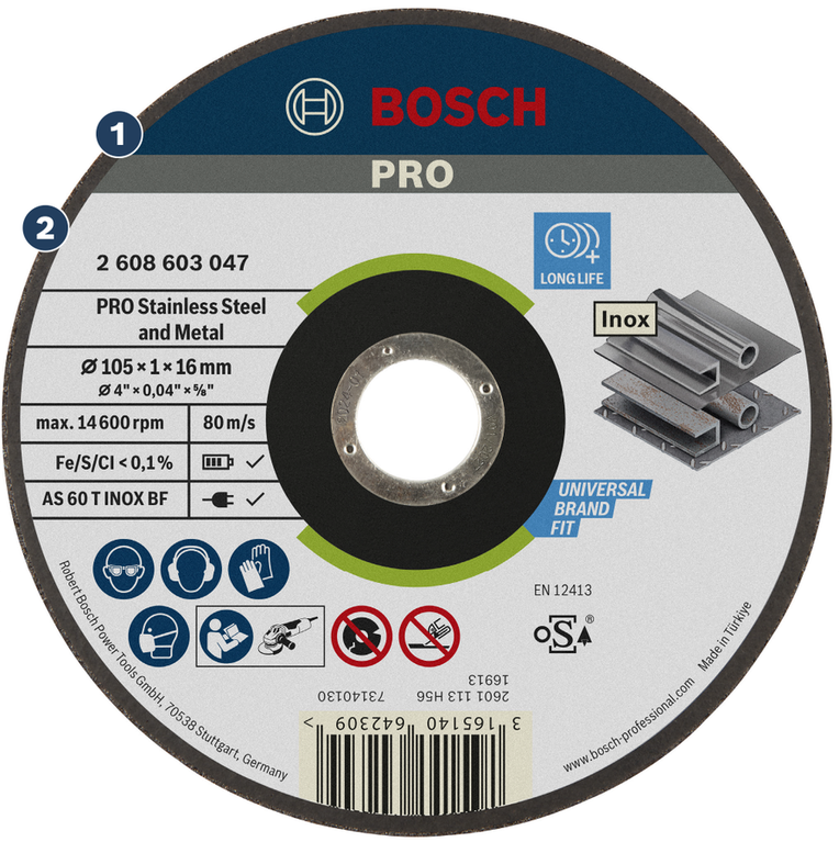 Bosch PRO stainless steel and metal cutting disc, 105 x 1 x 16 mm.