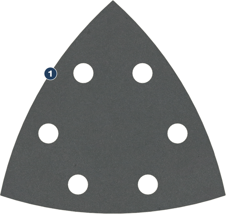 Bosch sanding sheet delta with six dust extraction holes.