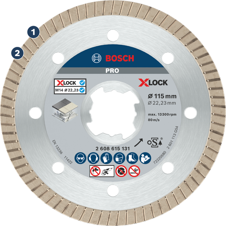 Bosch X-LOCK 115 mm diamond cutting disc for tiles.