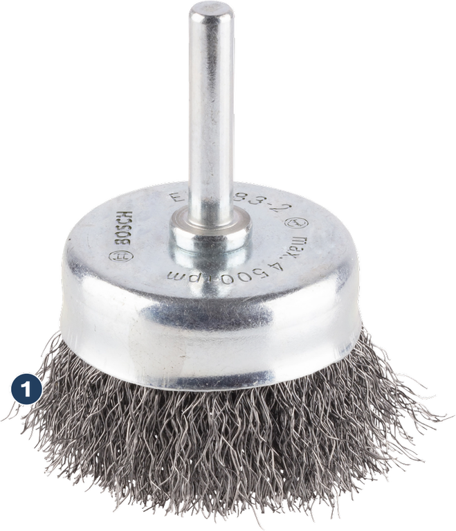 Bosch wire cup brush for drill cleaning and rust removal.