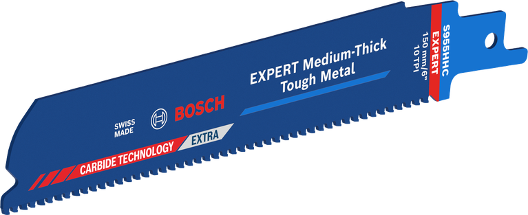 Long Life cutting medium thick tough metal Bosch Expert S955HMC carbide reciprocating saw blade for tough metal.