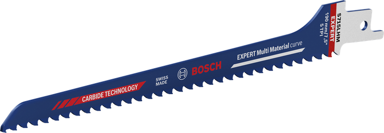 Long Life curve cutting wood with embedded metal Bosch EXPERT S715LHM reciprocating saw blade for wood and metal.