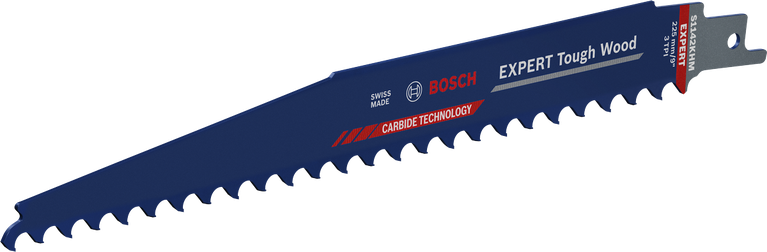 Long Life cutting tough wood Bosch Expert Tough Wood saw blade with carbide technology.