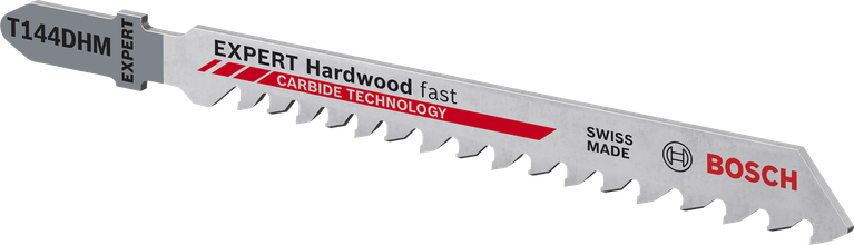 Long Life cutting hardwood and composite wood Bosch T144DHM Expert Hardwood jigsaw blade with carbide teeth.